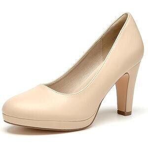 WuORW Women's Round Toe Low Platform High Heel Pump Office Work Dress Nude